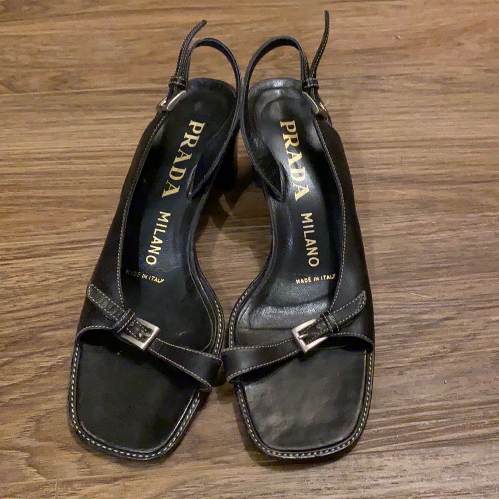 Prada black leather slingback heels w adjustable toe and ankle straps - 36.5/6.5